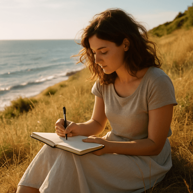 Mujer escribiendo en entorno rural con laptop y libreta en mano, rodeada de naturaleza asturiana
