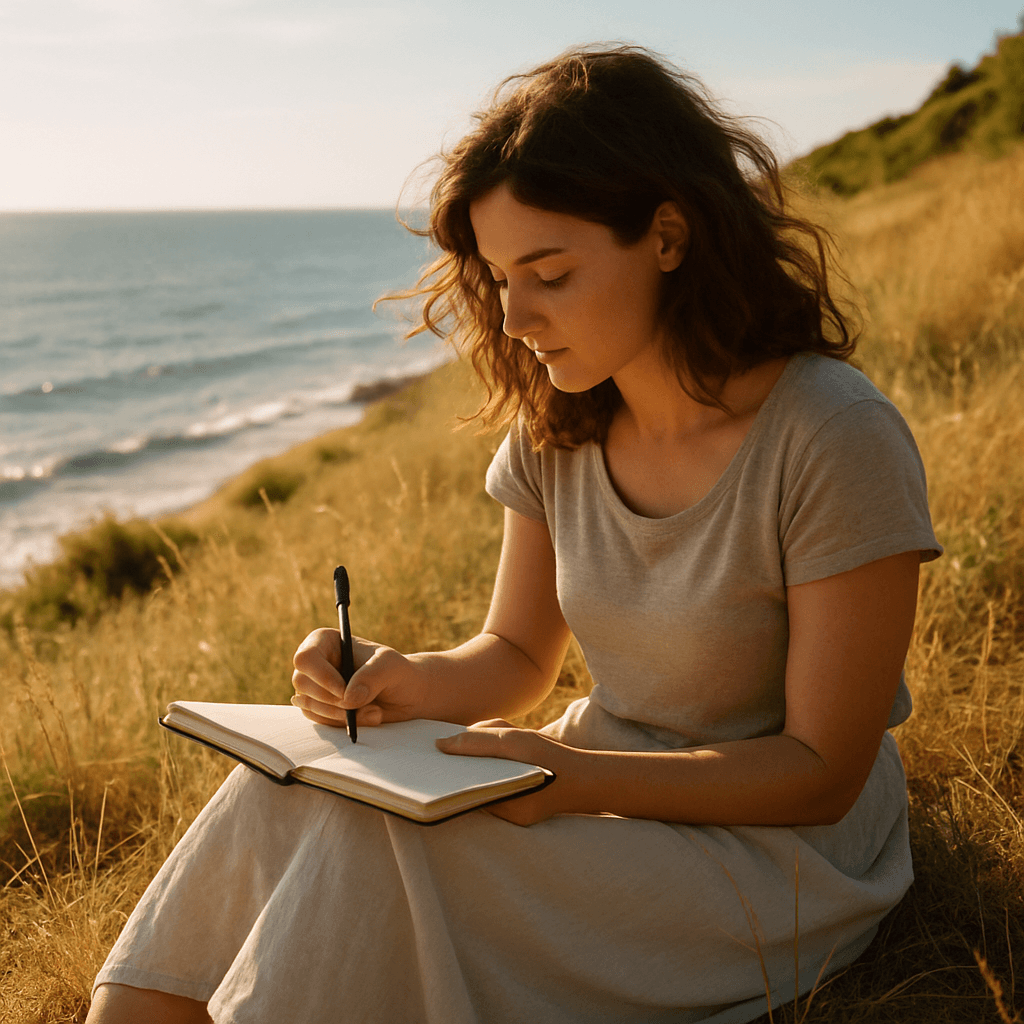 Mujer escribiendo en entorno rural con laptop y libreta en mano, rodeada de naturaleza asturiana