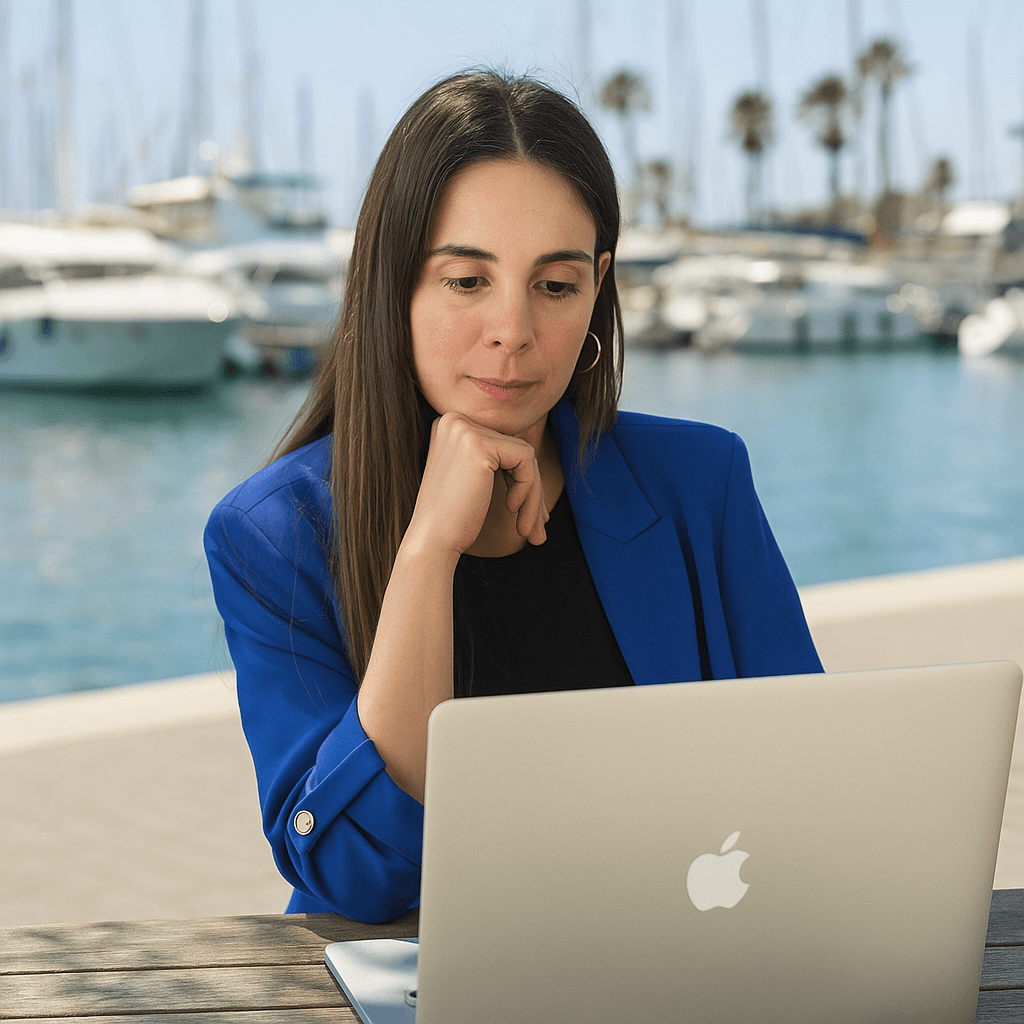 Mujer escribiendo en entorno rural con laptop y libreta en mano, rodeada de naturaleza asturiana